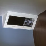 Close-up of a ceiling with a rectangular black air vent. The vent is surrounded by a white frame and is attached to the juncture of a gray-blue and a dark wood textured wall.